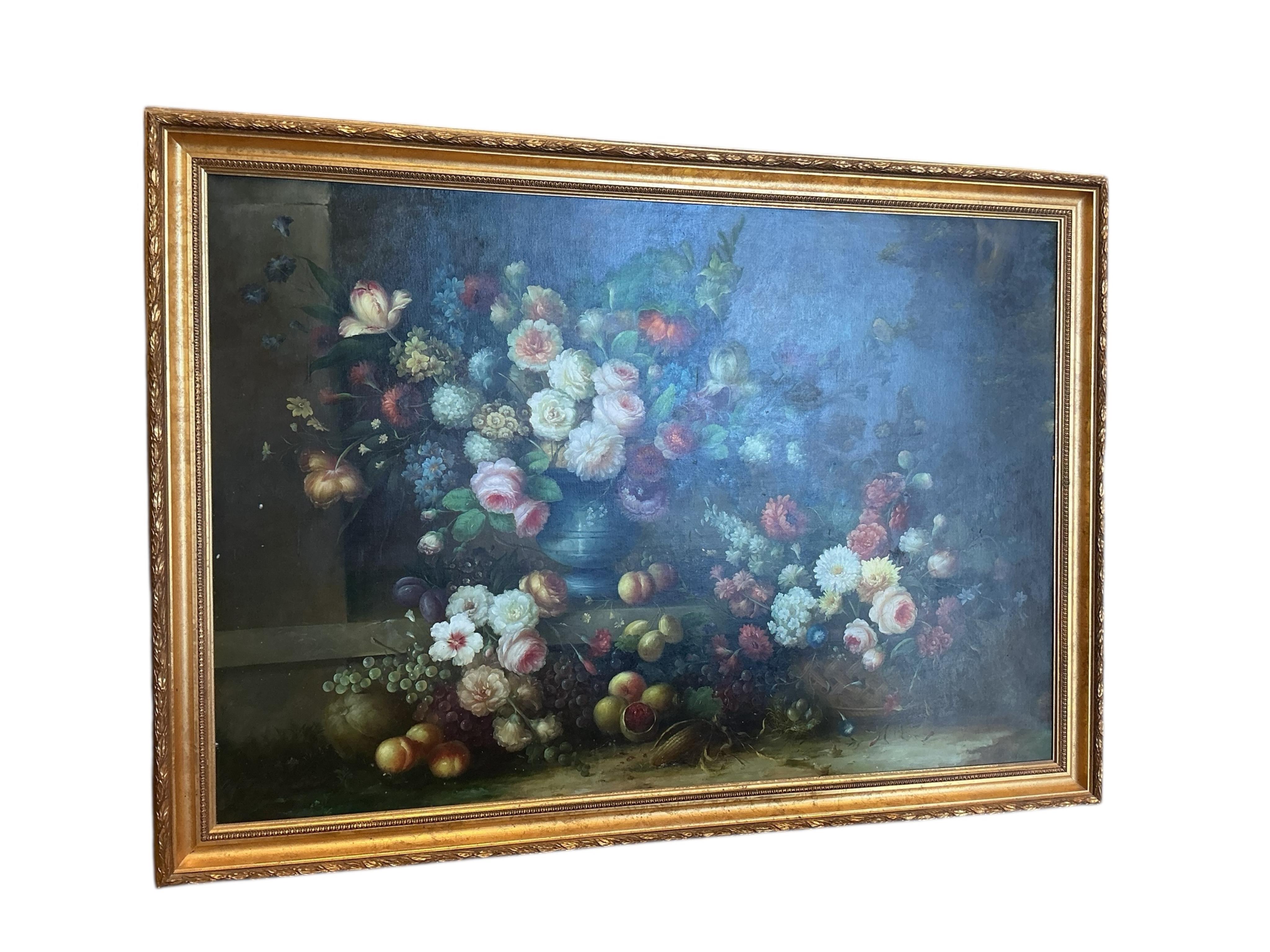 A large Dutch style, still life of roses, peony and fruit, oil on canvas, 196 x 142cm including frame